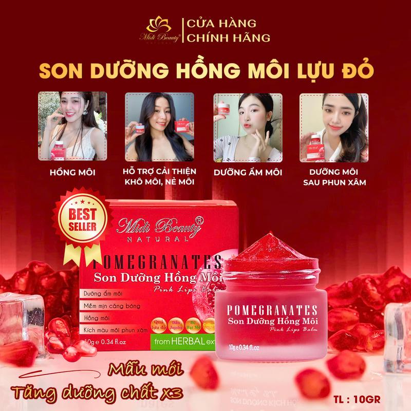 Son Dưỡng Hồng Môi LỰU ĐỎ 10G: Dưỡng môi mềm mịn hỗ trợ giảm thâm và hồng môi-Pomegranates Natural Lip Balm 10gr Midi Beauty Natural Skincare Nữ Women