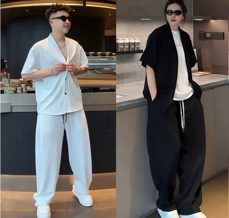 SET BỘ QUẦN DÀI ÁO SƠ MI CỘC TAY Nam Nữ Thiết kế cổ Hàn vải thun Cotton gân đũa dày dặn phong cách trẻ trung