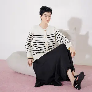 This Is April Aurelie Cardigan Atasan Rajut Wanita Lengan Panjang Stripes Dailywear Ivory dan Black (RESTOCK)