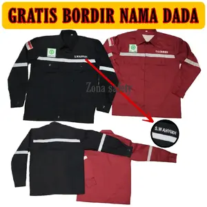 Kemeja Kerja Seragam Wearpack Baju Atasan  Panjang  Pria Safety Gratis Nama Dada Hitam Merah Katun