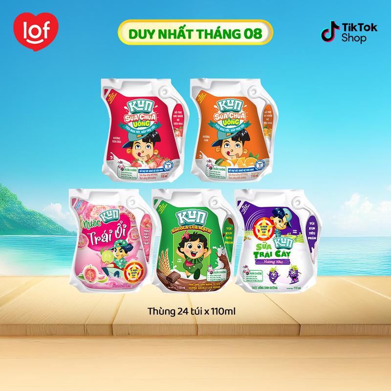 [Mua nhiều giảm nhiều] Kun Sữa chua uống / nước trái cây / sữa trái cây dạng túi chọn vị: dâu, cam, socola lúa mạch, nho, ổi (thùng 24 túi x 110ml)-LS2