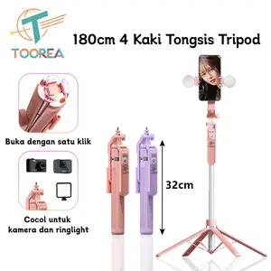 TOOREA Tongsis Tripod Bluetooth 180CM Paduan Aluminium Selfie Stick 4-leg Stand Remote Tripod HP Kamera DSLR Tongsis Dengan Control Bluetooth 7 Tombol Tongkat Selfie Portable Adaptor
