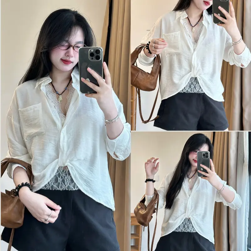 247store - Áo Sơ Mi Trắng Đũi Mềm Kèm Lót Ren Sang Chảnh set 2 chi tiết 402/241 2