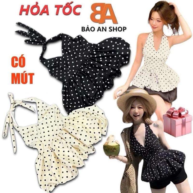 A-73 Áo kiểu nữ bệt vai dây tự cột cổ yếm chữ V gợi cảm chấm bi from bí chất vải Kate thun 2 lớp lót lụa Free Size dưới 54kg