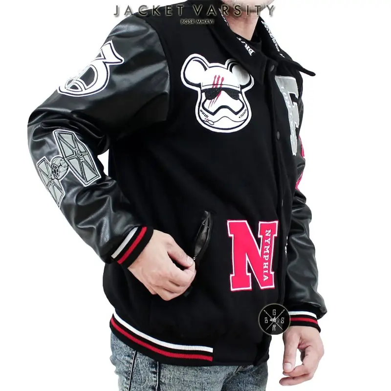 Jaket varsitY BASSEBALL Fleece Pria Casual Distro Bordir Nyaman Formal Keren Kerah Jeans  Hitam Tebal 3