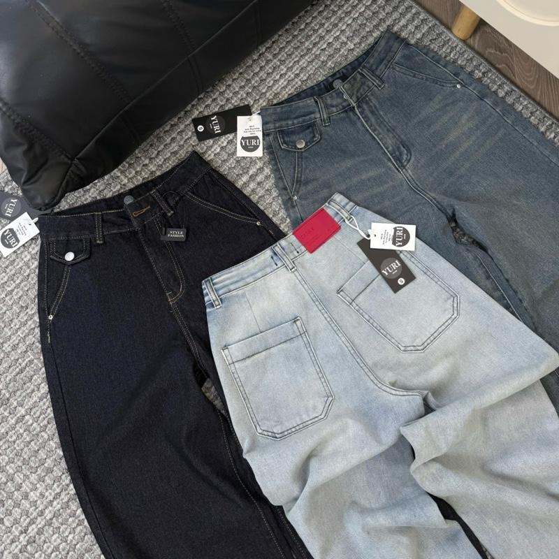 EO BÉ TĂNG 1 SIZE - Live Quần Jeans Nữ Ống Suông Túi Xéo Phối Nắp Túi Đồng Hồ Màu Xanh Đậm & Xanh Nhạt Chất Liệu Jean Mềm Mại MÃ18 Jean Cotton Không Co Giãn Dài 98CM 105CM