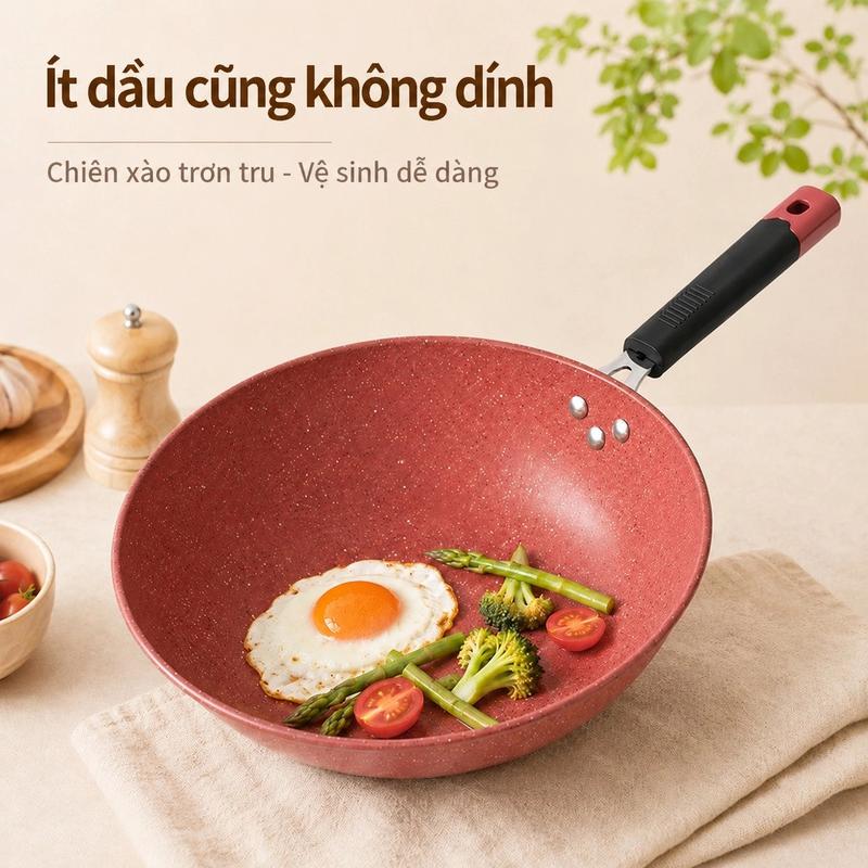 Chảo chống dính đá hoa cương đỏ 30cm, lòng sâu chiên xào, dùng được bếp gas, dễ…