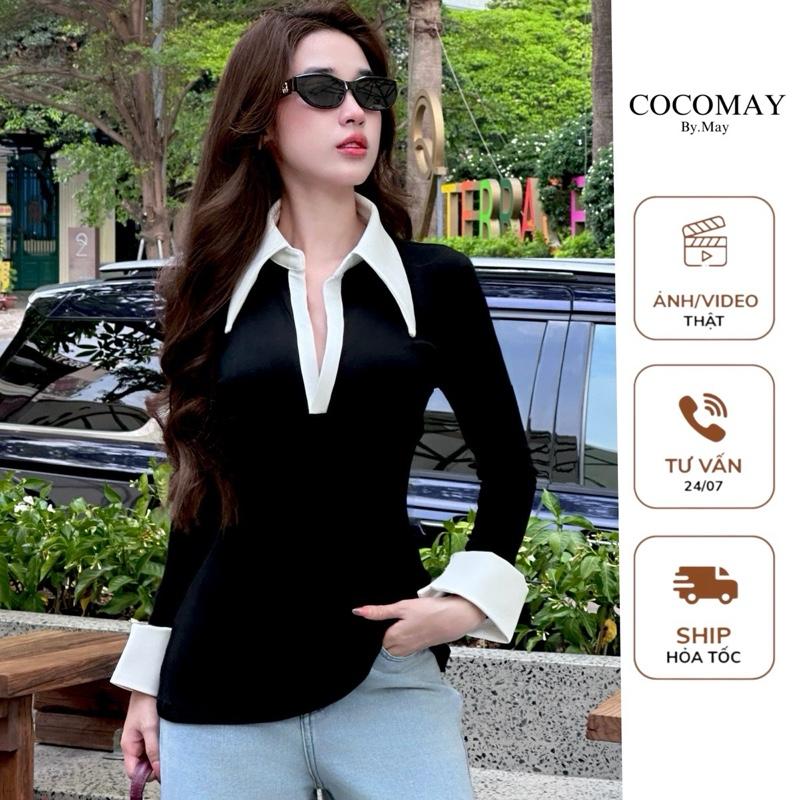 COCOMAY Áo phối cổ tay trắng nử Nữ Women Top cổ sơ mi trắng  < xoắn ngực - viền cổ >
