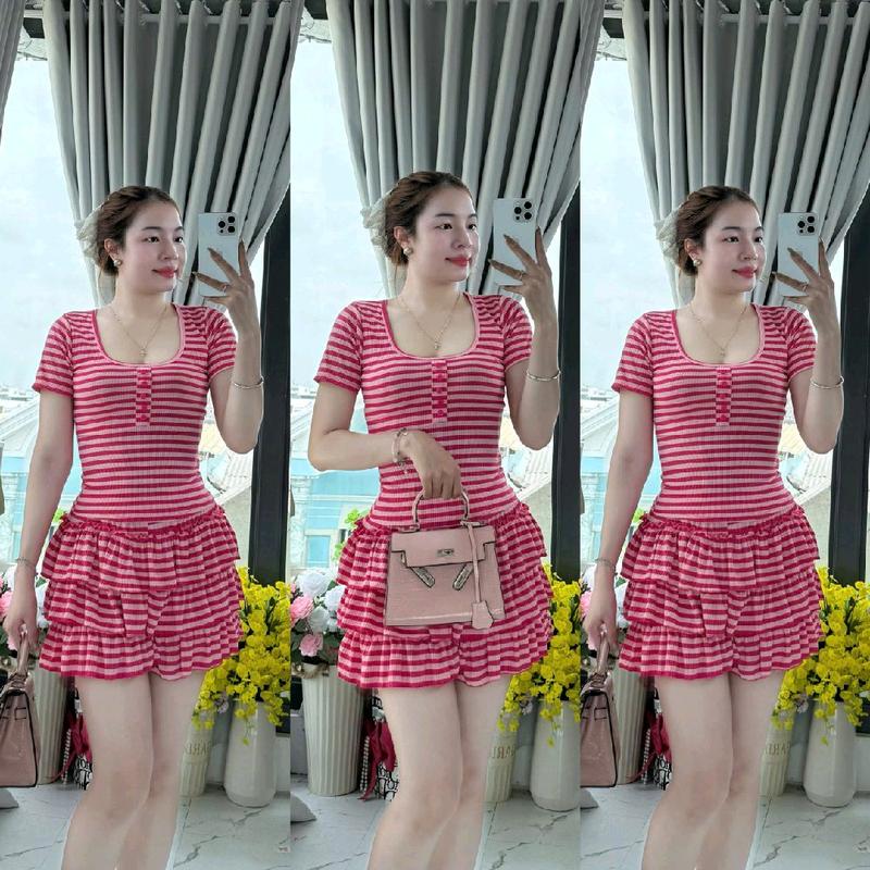 SET BỘ ÁO TAY NGẮN CỔ U PHỐI CHÂN VÁY TẦNG CHẤT THUN GÂN 3 SIZE 40KG -70KG