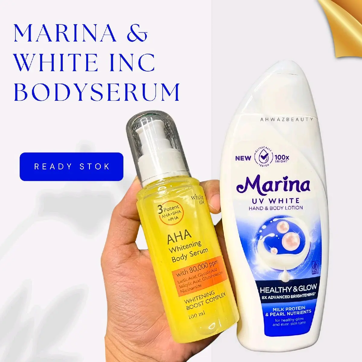 Ready Combo White inc Aha Body Serum 100ml &Marina biru Healthy And Glow Body Lotion