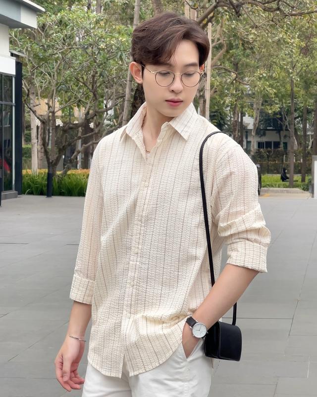 Áo sơ mi nam sọc cổ bẻ dài tay vải Cotton xốp cao cấp đũi hàn quốc - Luciinon Menswear giặt bằng nước lạnh đơn thuần áo  sơ