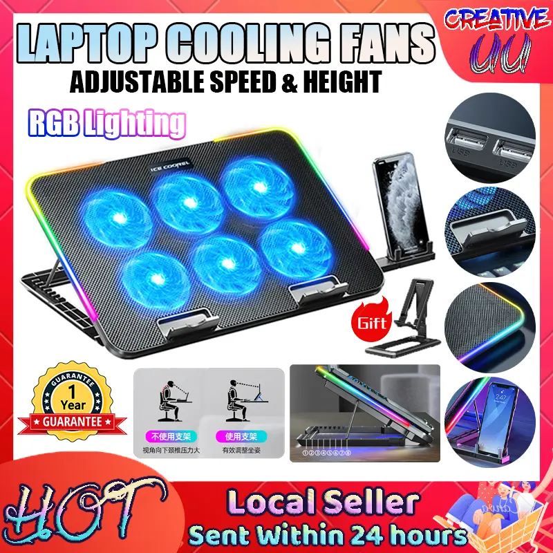 【SG READY STOCK】Laptop Notebook Cooling Pad Fan for 15.6 14 13 Inch Cooler with 6 Fans and 5 Adjustable Height Stand