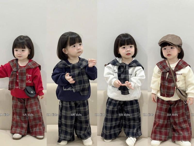   Tặng Khăn Quàng  Set Bộ 3 chi Tiết Quần Dạ Kẻ Áo Nỉ 2 Da cho bé gái  10-30kg Hàng thiết kế _ LOntonkids Link 2 