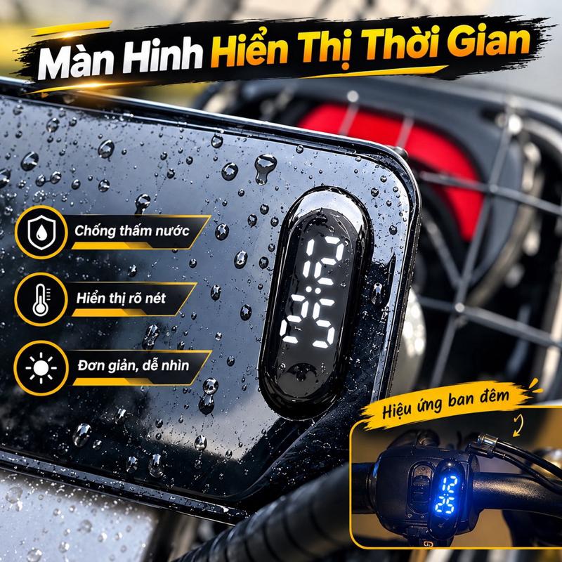 Đồng Hồ Điện Tử Mini Gắn Xe Máy, Xe Điện, Màn Hình LED Hiển Thị Giờ Rõ Nét, Chống Nước