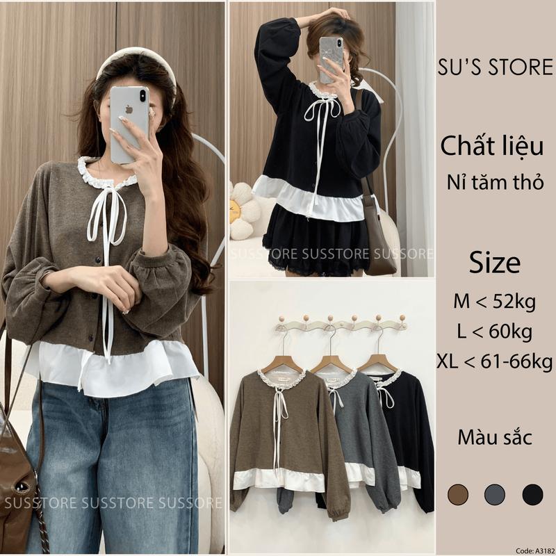 Áo Nỉ Tăm Thỏ Phối Cổ Bèo Nơ Buộc A3182 Susstore Thời Trang Nữ