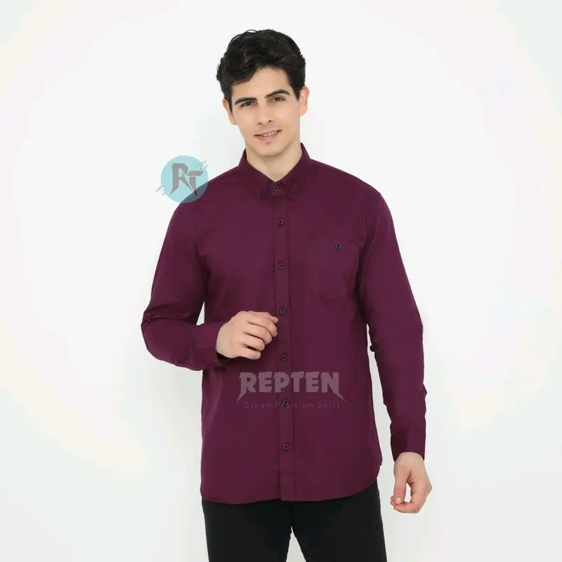 Panjang Burgundy M L XL (2XL),(3XL) (4XL) (5XL), kualitas premium bahan adem dan tebal Distro Pria Baju Kerja Variasi Kancing Katun Kerah Slim Fit Formal Hem Casual Kantor Cowok Batik Hitam 2