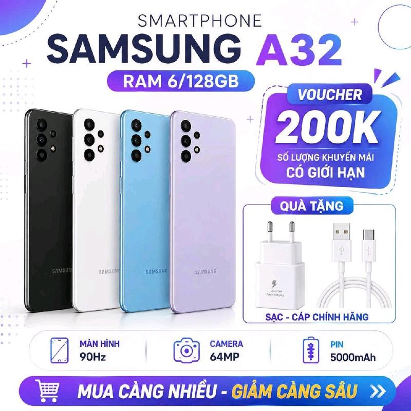 AA: 2ND HAND : Điện Thoại Samsung Galaxy A32 Ram 6/128GB ,Màn Hình Lớn 6.55ind ,Pin 5000Mah ,Sử Dụng 2 xim 2 sóng ,lướt Wed Xem Fim Chơi Game Mượt Mà , Bảo Hành 12 tháng ,sài được mọi áp ngân hàng ạ ,Tặng Sạc Cáp Ốp Lưng Ạ