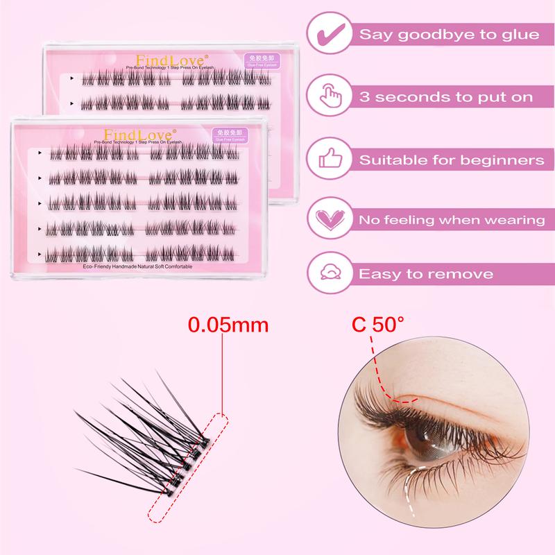 Product Introduction of FindLove Camellia Glue Free Eyelash Pre-Bond Technology  No Glue Needed  DIY Eyelash  1-Step Press On Lashes Self Adhesive Reusable Natural Segmented  Long Lasting  Eyelash Extensions gluefree lashes Cosmetic free Tweezer  Self-Adhesive C Curl Lashes 44