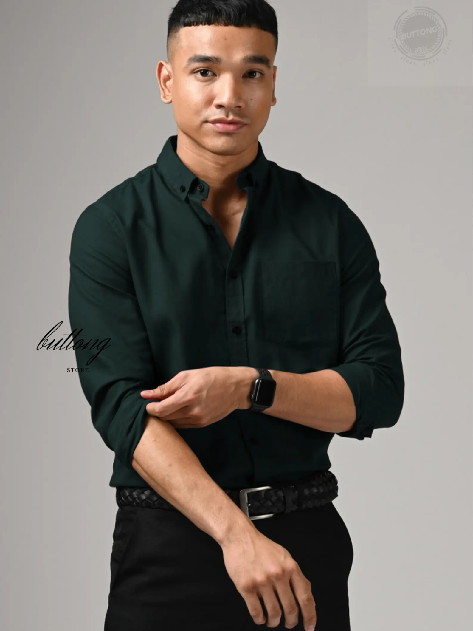 Kemeja Lengan Panjang warna HIJAU BOTOL Casual Biru Denim Soft Wardah Toska - M/L/XL Cotton Rami Polos Pria - Kerah, Navy