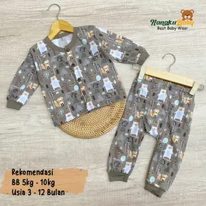 Nanaku Baby - Setelan Baju Bayi Piyama Bayi Lengan Panjang Kancing Depan Celana Diapers Motif Printing Pohon Landak Usia 3-12 Bulan