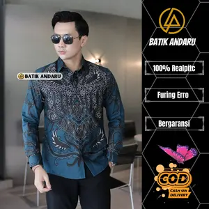 Batik Andaru Motif Harimurti Batik Pria Slimfit Lengan Panjang Full Furing Premium Katun Printing Halus Nyaman Warna Blue Emerald - Baju