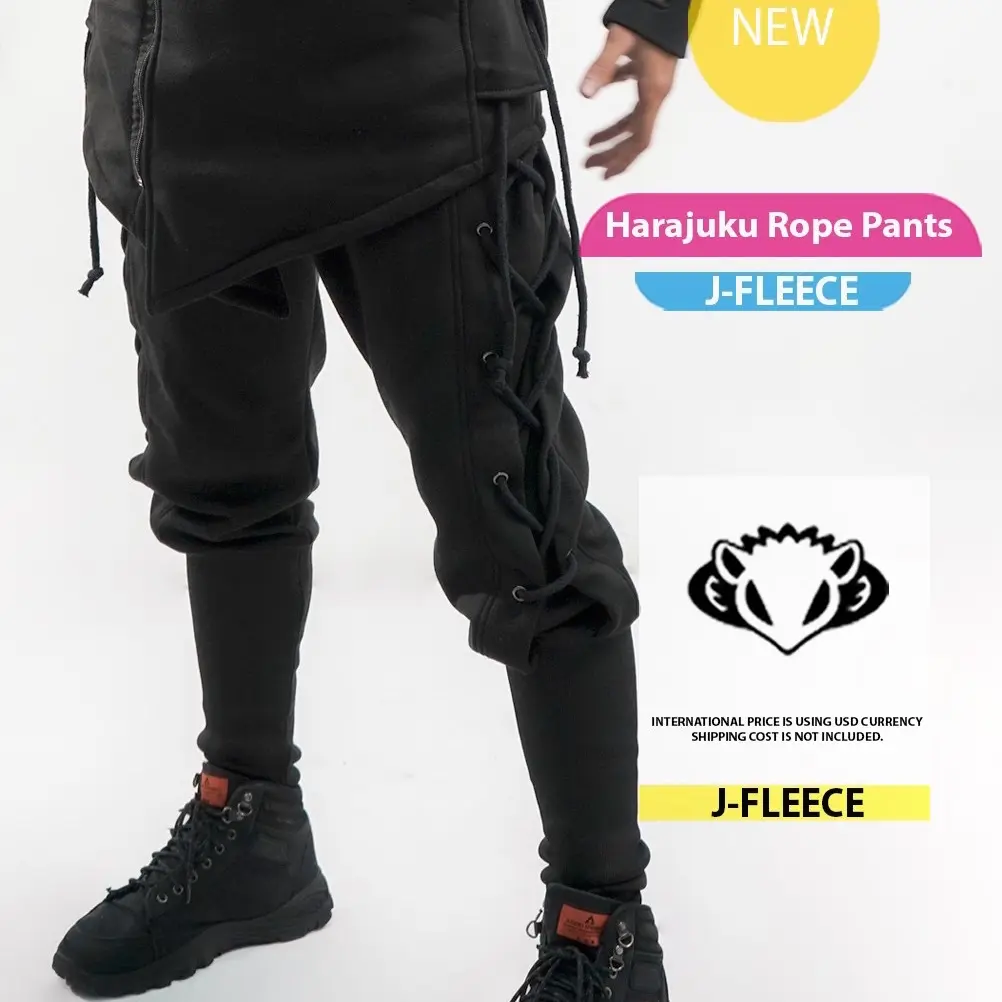 Black Harajuku Rope Pants Slim Fit Pria Casual Rib Fit