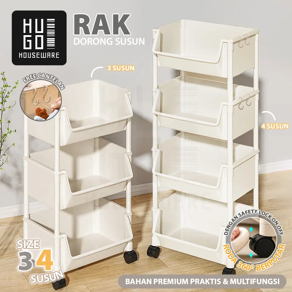 HUGO Rak Dapur Serbaguna Rak Troli Rak Kamar Mandi Rak Susun Plastik dengan Roda