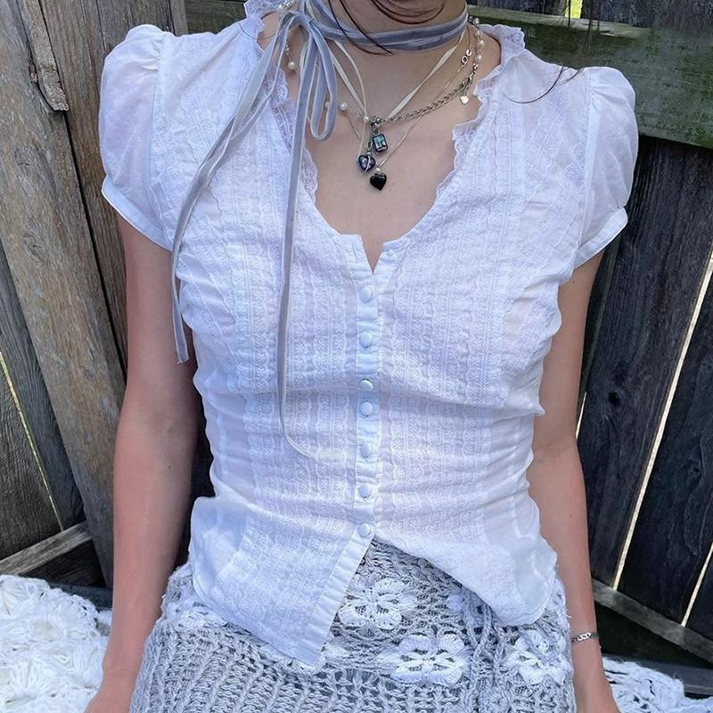 Áo Cánh Cổ Chữ V, Trang Trí Ren, Màu Trắng, Phong Cách Thanh Lịch, Một Hàng Cúc, Áo Ngắn Tay, Áo Sơ Mi Ngọt Ngào Thích Hợp Cho Mùa Hè