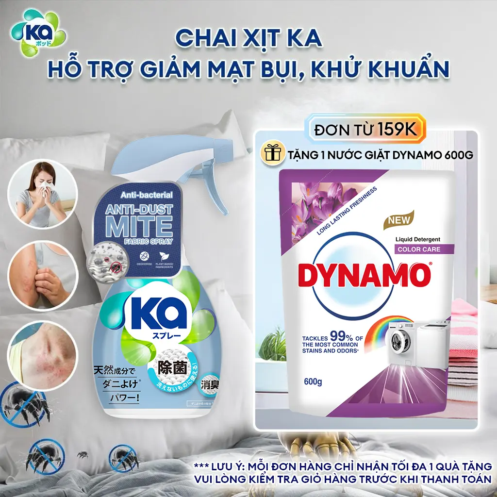 [ĐƠN 159K CÓ QUÀ] Chai Xịt KA Hỗ Trợ Giảm Mạt Bụi Nhà (320ml/Chai) - Xịt thơm Cho Giường, Nệm, Sofa, Rèm Cửa, Chăn, Ga, Gối, Đệm