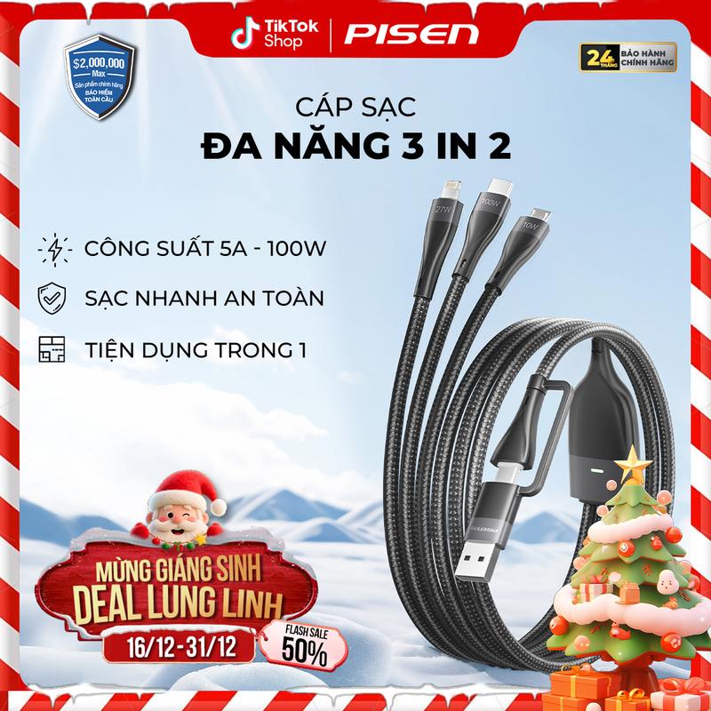 PISEN Cáp Sạc Nhanh 3 IN 2 | An Toàn Bảo Vệ Thiết Bị Sạc Nhanh Chơi Game Tương Thích Android IOS | PISEN PRO - Mars God | AP-FC15-1200 | Bảo Hành 18 Tháng Kích Hoạt PCARE + 6 Tháng | Bảo Hiểm 2 Triệu Đô Toàn Cầu