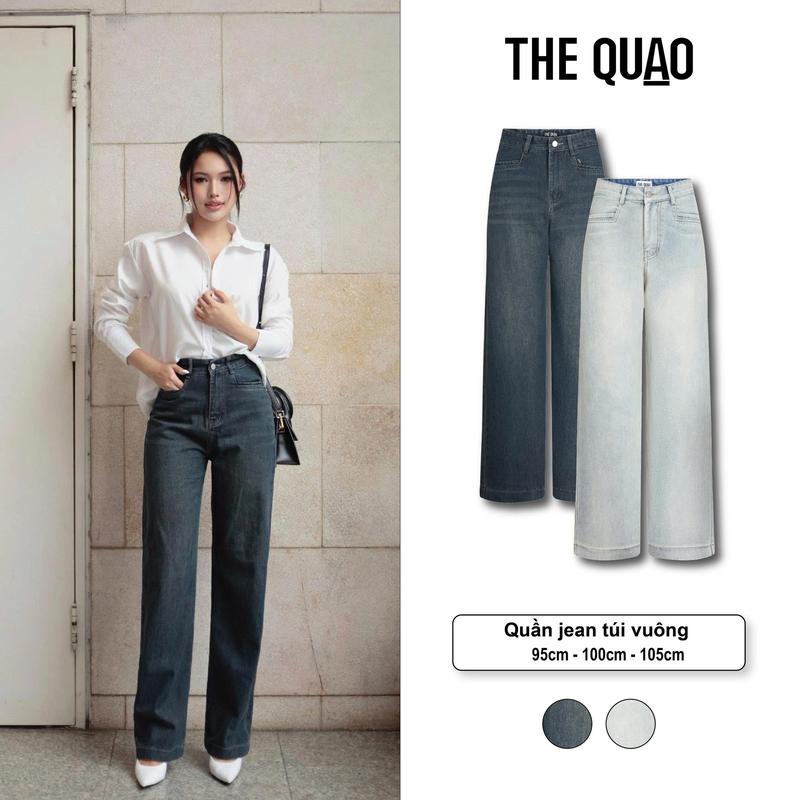 THE QUẠO - Quần Jeans Nữ Lưng Cao Ống Rộng 24CM-25CM Túi Vuông Xanh Đậm Phủ Bụi Rêu + XANH BẠC S0607_703