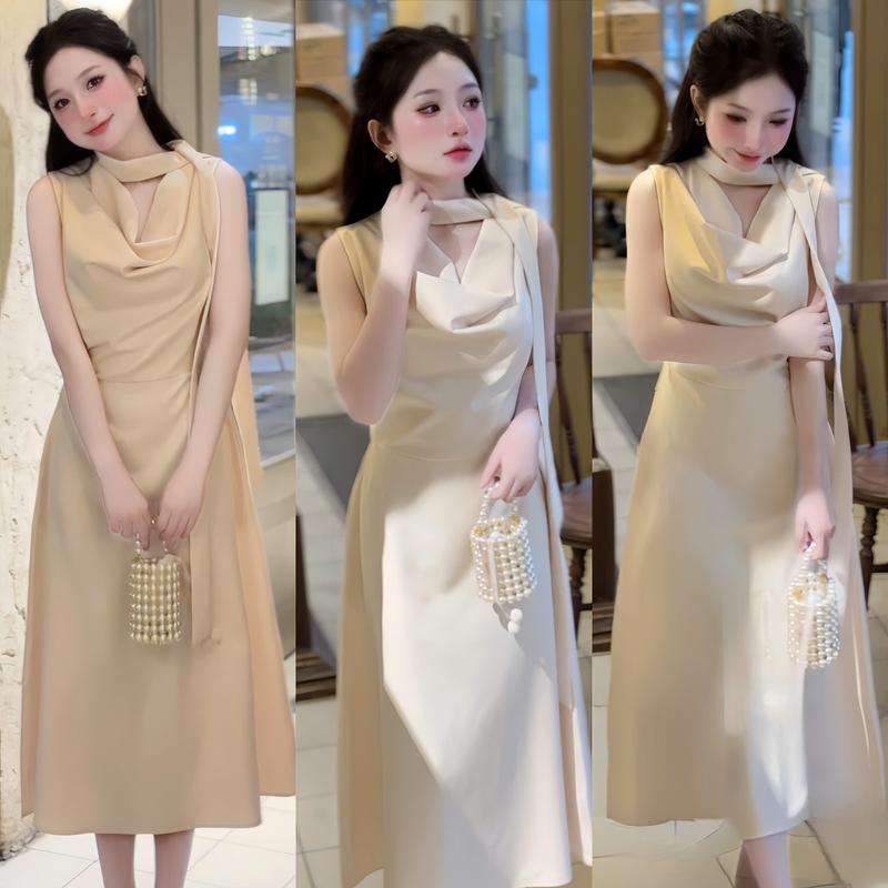 Váy liền M19 dáng dài Thiêt kế cổ đổ kèm dây nơ