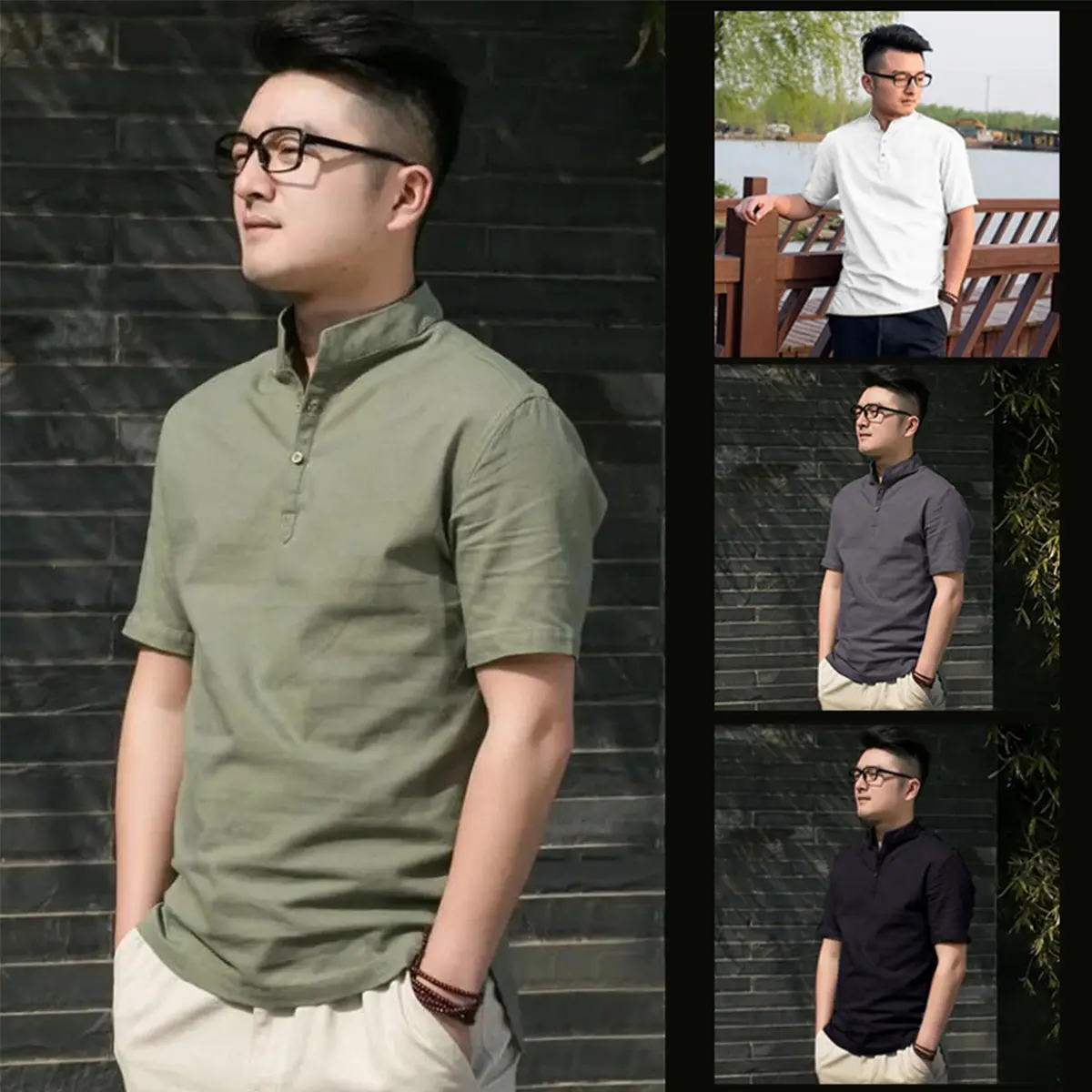 Men Short sleeve Blouse Slim Fit Casual Top Plain Cotton and linen muslimah