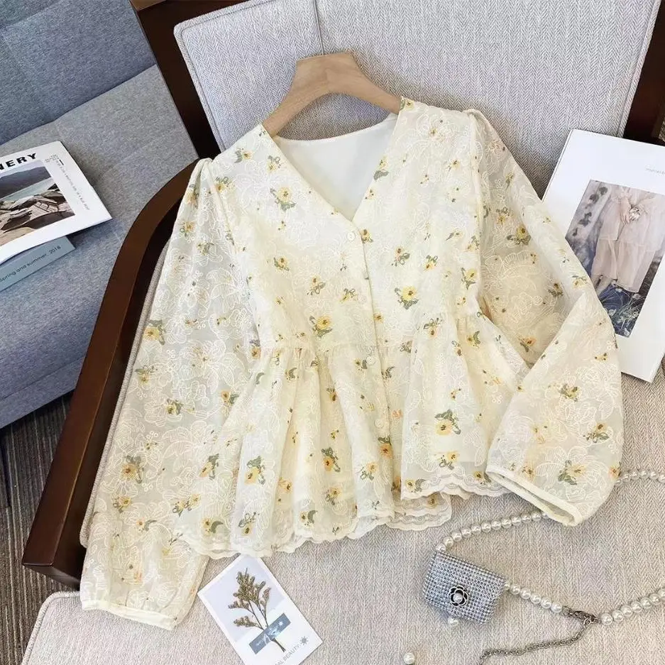Áo Cánh Thời Trang Nữ, Phong Cách Cổ Điển Dáng Rộng Vừa Vặn, Tay Áo Dài, Cổ Chữ V, Ren Hoa, Hàng Có Sẵn Top Women