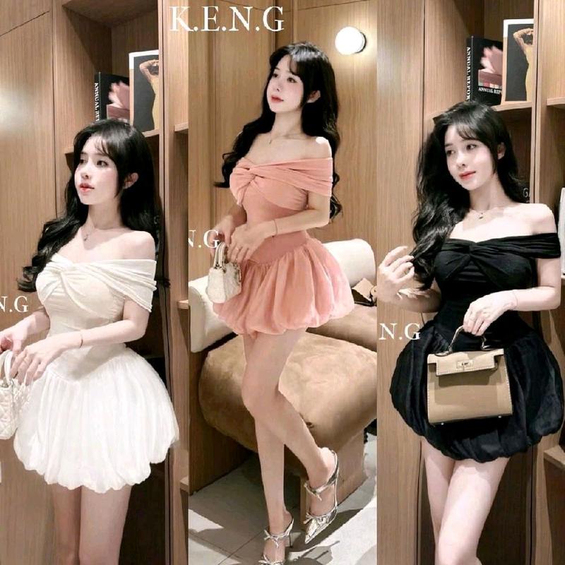 Đầm trễ vai xoắn ngực dáng bí bánh bèo kèm quần, đầm đi chơi nhẹ nhàng, váy nữ hot trend, váy trắng đi tiệc