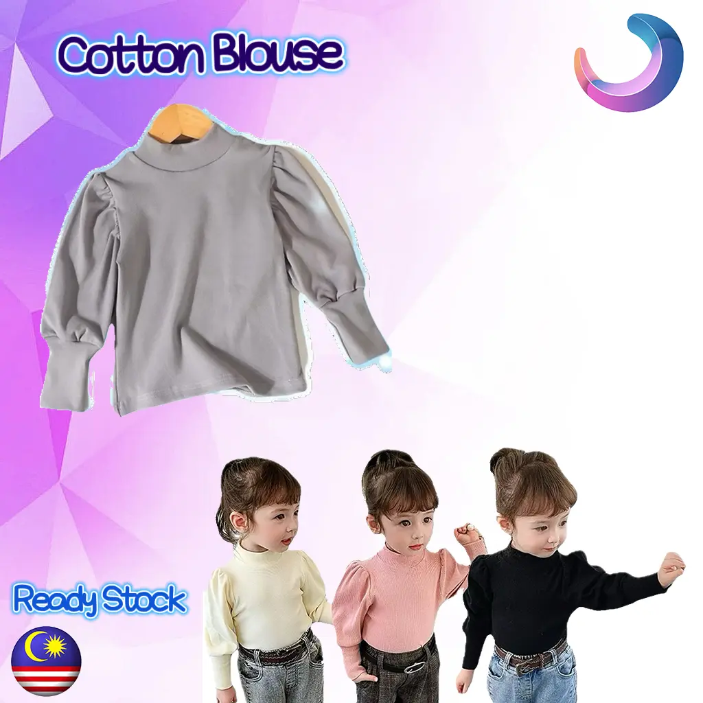 Kids Girl Cotton Blouse Black Grey Pink Beige baju sweaters