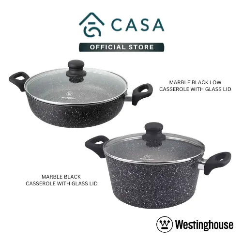 Westinghouse Marble Black Casserole with Glass Lid | Low Casserole with Glass Lid | 24/28/32cm