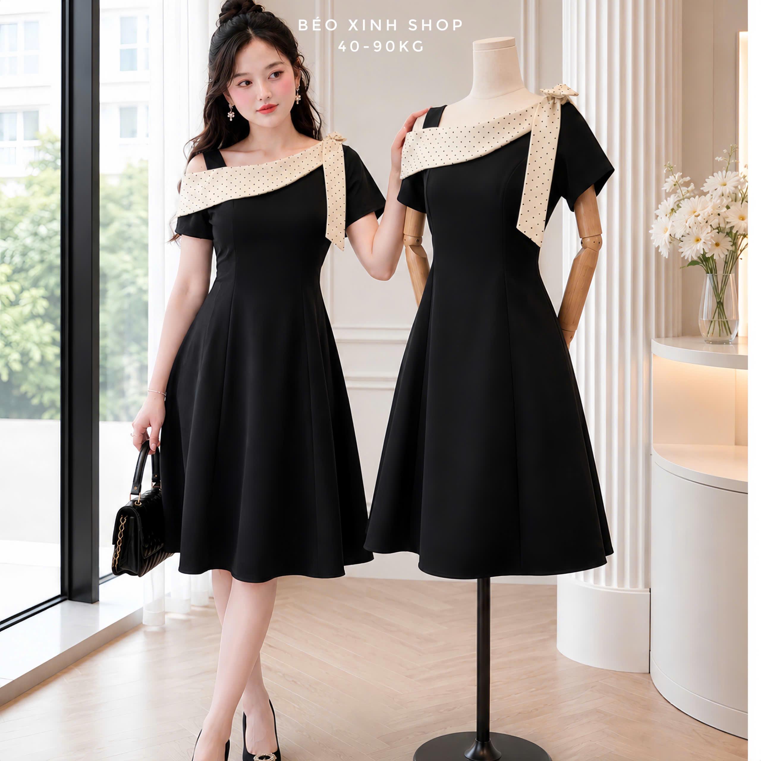 Đầm Xòe Bigsize Nữ Phối Chấm Bi Nơ Vai Thanh Lịch, Cotton Lạnh Mềm Mát 40–90kg - A.1883