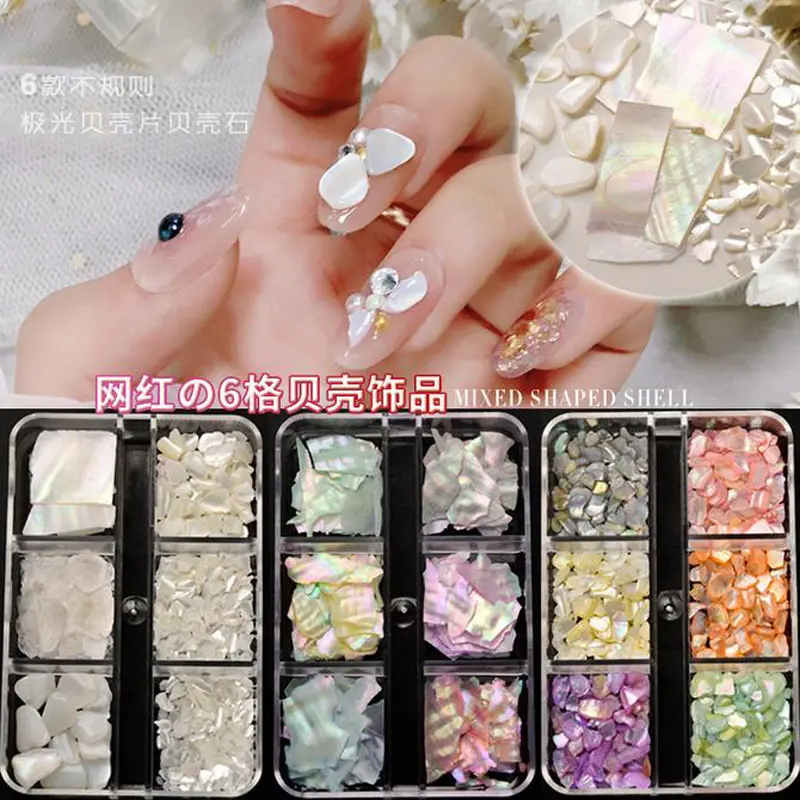 6 Grids Natural Shell Jewelry for Nail Art Box Flakes Thin Illusion Manicure Charms Abalone Slices Stones for Nails Rhinestones