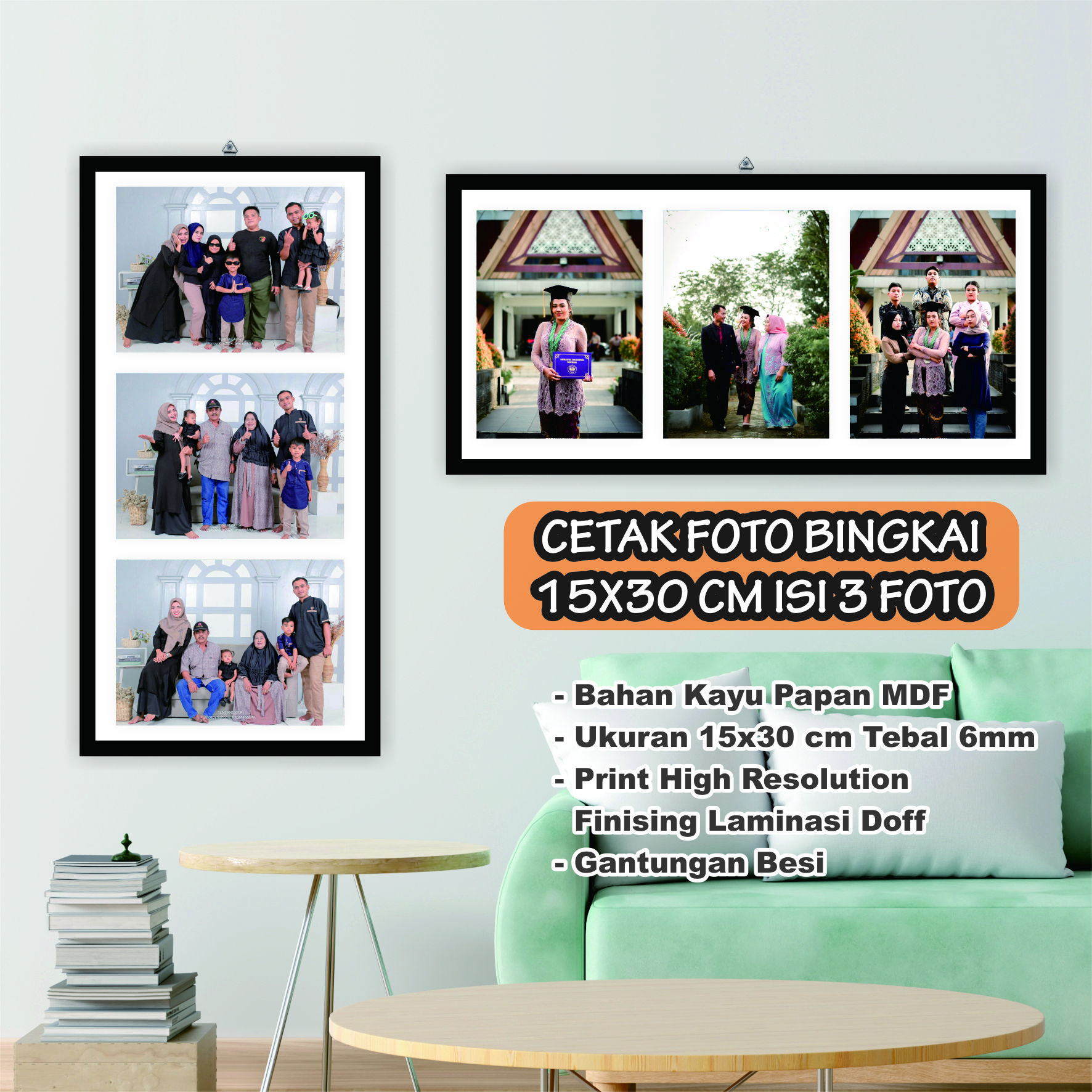CETAK BINGKAI 3 FOTO HIASAN DINDING 15x30 cm 6mm