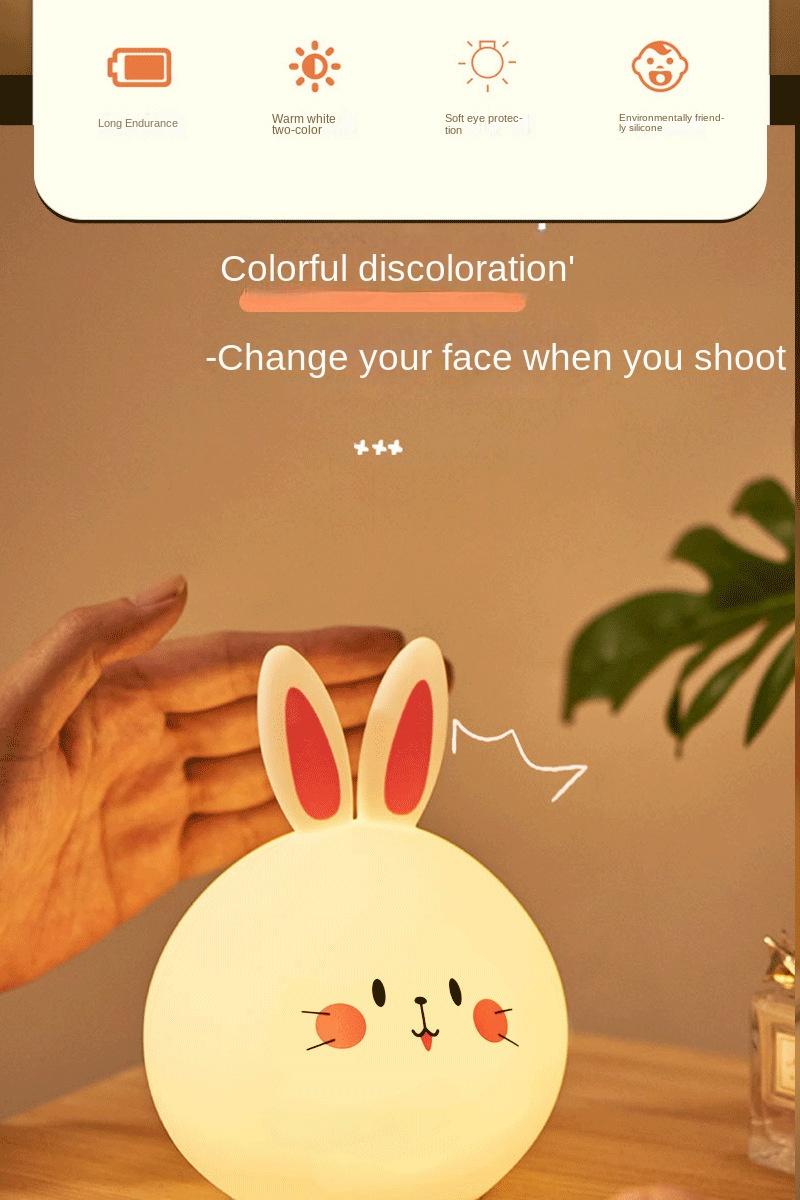 Product Introduction of USB Rechargeable LED Colorful Dimming Remote Control Cross border Cute Rabbit Silicone Patting Lamp 3D Small Night Lamp Table Lamp Cartoon 3