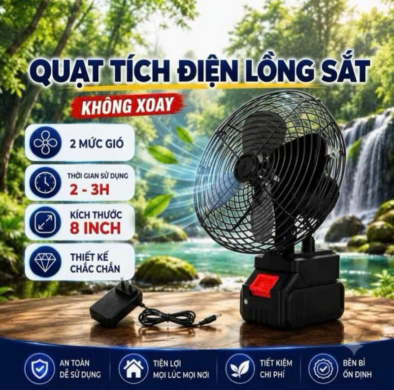[Mở Bán Rẻ Vô Địch] Quạt Không Xoay + Pin 10 Cell + Sạc. Quạt Không Xoay Lồng Sắt Cánh Sắt Siêu Bền 2 Cấp Độ Gió, PPin 10 Cell, Tặng Sạc Chân Pin Phổ Thông, Bảo Hành 12 Tháng