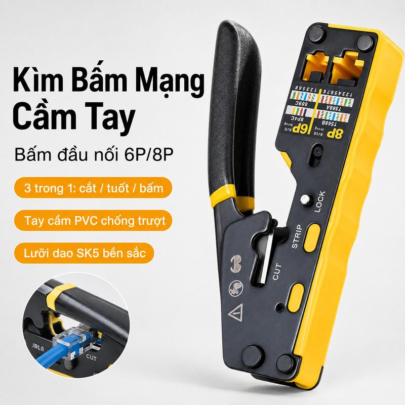 Kìm Bấm Mạng Cầm Tay 3 Trong 1 Cao Cấp, Dụng Cụ Bấm Đầu RJ45 RJ11 6P/8P, Kìm Tuốt Dây Cắt Dây Mạng LAN CAT5 CAT6, Tay Cầm PVC Chống Trượt, Lưỡi Dao SK5 Sắc Bền, Dụng Cụ Mạng DIY Cho Thợ Kỹ Thuật