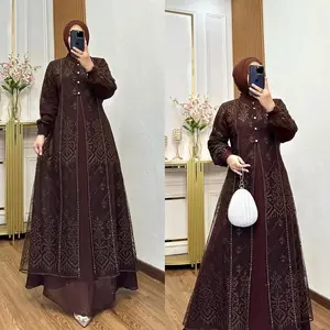 Gamis Brokat 2025 Fitri Dress Brukat Tille Mix Ceruty Babydoll Premium-Gamis Pesta Mewah Terbaru Warna Mahogany Burgundy-Baju Lebaran Idul Fitri Ukuran S M L XL XXL Gaun Kondanga Motif Bunga