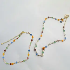 Sunflower C40 Kalung & Gelang Rantai Manik-Manik Kristal Warna-Warni Anti Karat 20 cm x 11 cm Bahan Berkualitas Fashion Cantik