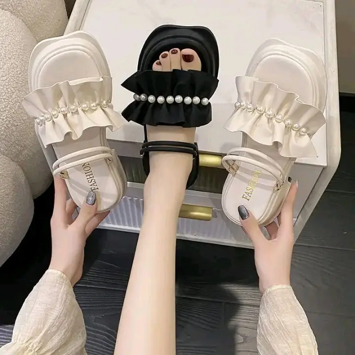 SANDAL WEDGES TALI WANITA KOREA FASHION KERUT MUTIARA Sendal Karet