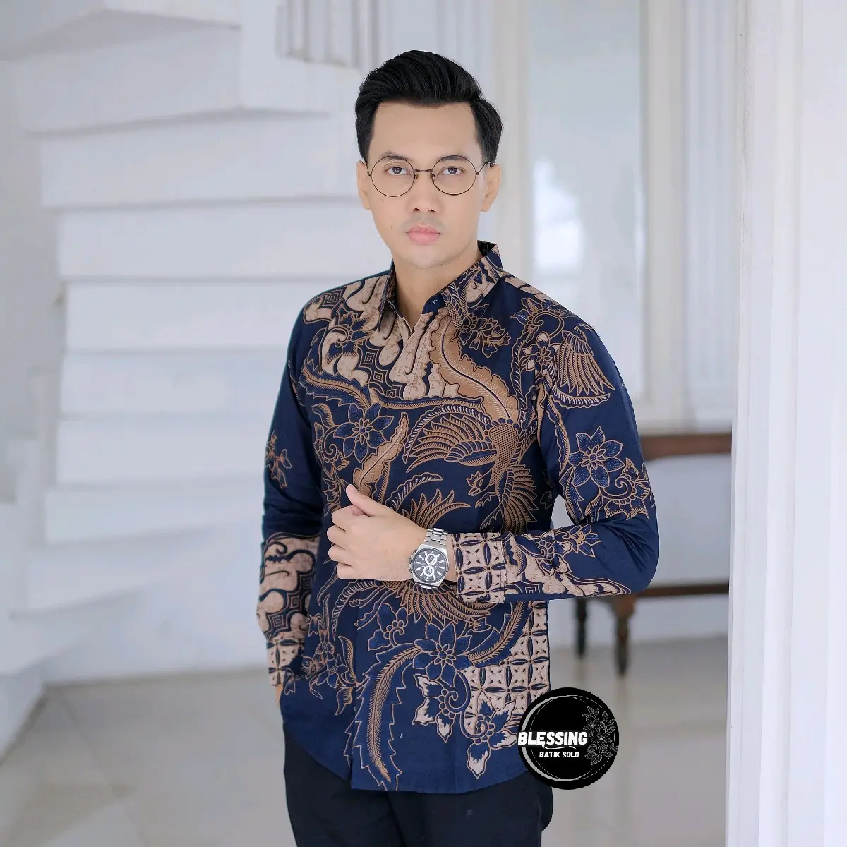Kemeja batik pria slimfit premium MOTIF NEVARA NAVY bahan katun lapis furing halus kemeja lengan panjang Cowok Nyaman Hem Atasan by blessing batik solo
