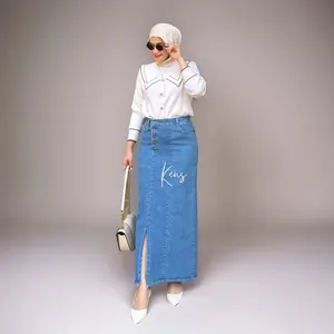 Doremi Skirt - Rok Jeans Panjang Wanita Stretch Retro Semi A Line Denim Premium