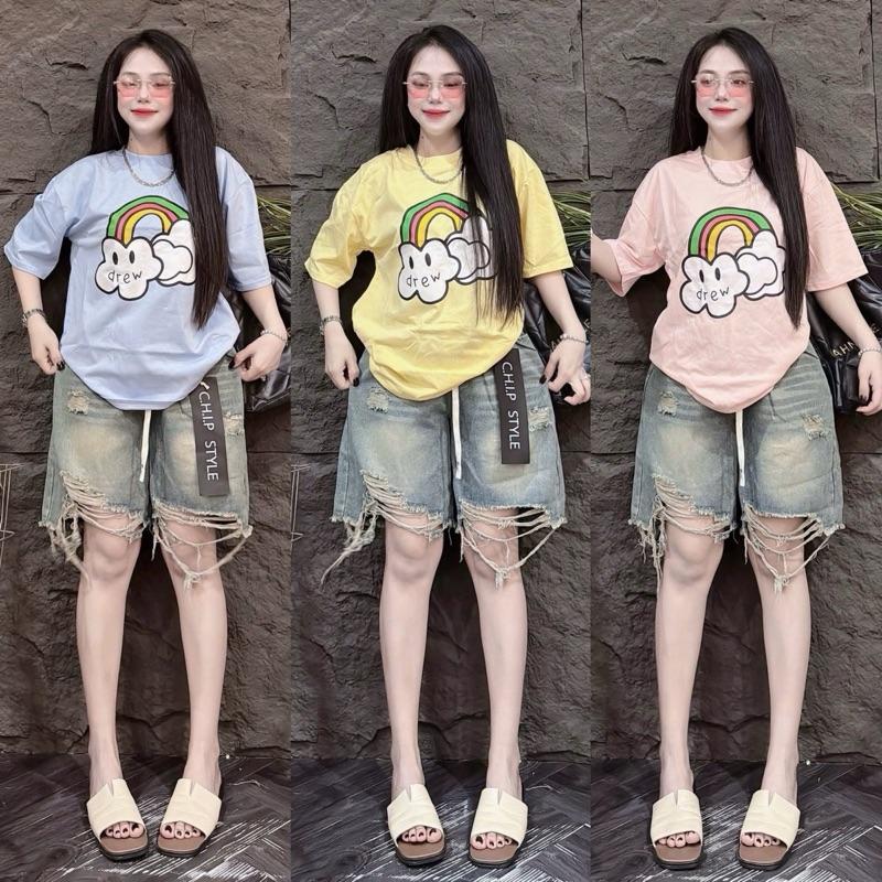  Set Bộ Áo Thun cổ tròn fom rộng   mc cầu vòng  phối quần jean lửng ngố  cắt rách tua rua  nữ đi chơi du lịch- Tuhaodobo Women Nhung Women Nhung 