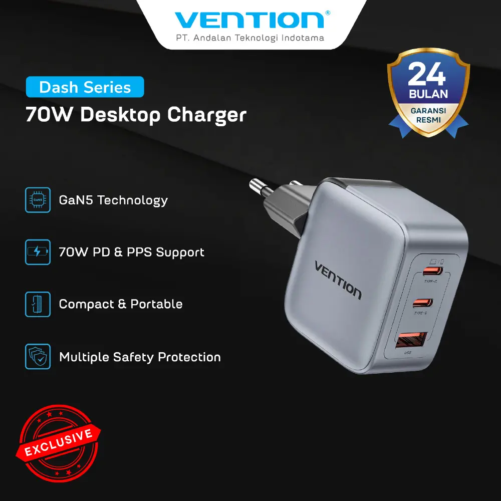 Vention Gan V GaN Dash Series Charger 3 Port USB (2C+A) 70W Fast Charging - FEX
